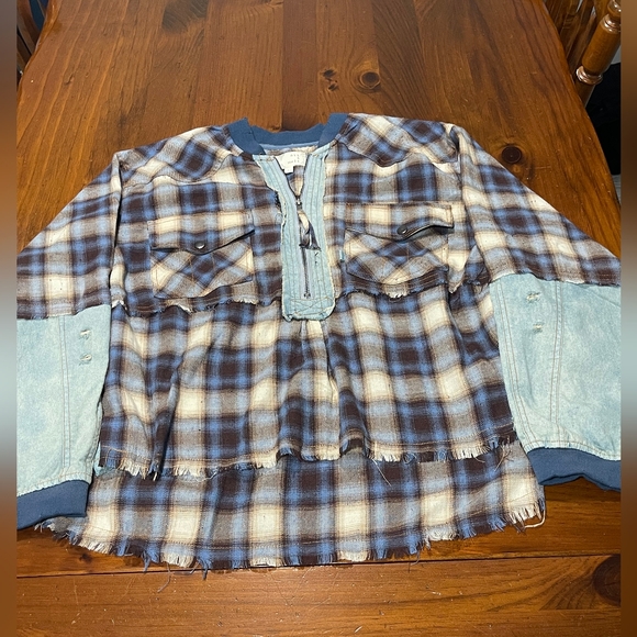 Oli & Hali Tops - Oli & Hali Womens Brown Blue Cream Plaid Denim Jean Half Zip Oversized Shirt L